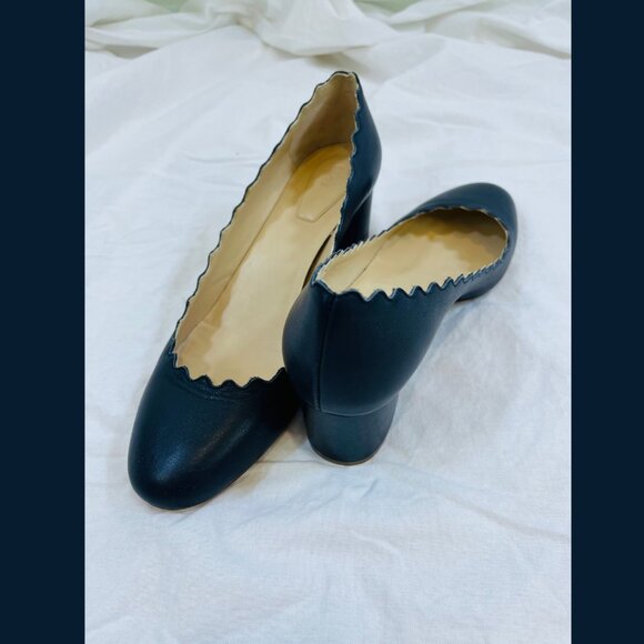 Chloe Scalloped Edge Blue Leather Block Heels - Size 39 - Picture 3 of 16